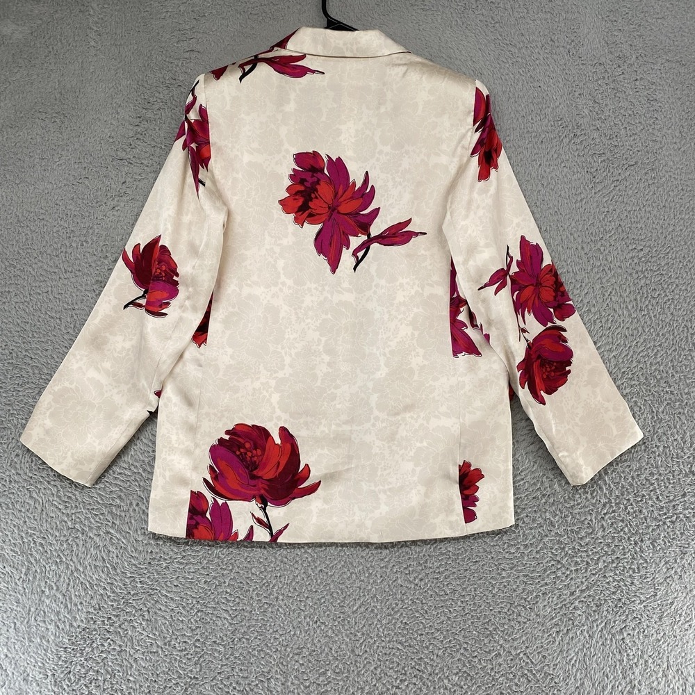 Zara Floral‎ Print Satin Effect Blazer Womens Large Cream Pink Open Front Jacket - Picture 10 of 14